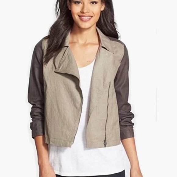 EILEEN Fisher Two Tone Coated Organic Linen Asym Zip Jacket M Stone Brown/Gray - Picture 6 of 10